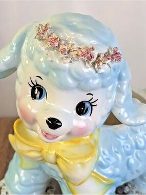 Samson Vtg 1961 #431B Blue Relpo Ceramic 7" Anthropomorphic Lamb Flower Planter